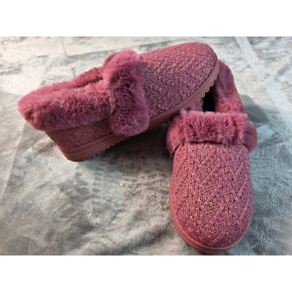 Skechers Cozy Lite Sweet Walk Women 6 Wide Mauve Glitter Faux Fur Slippers NEW